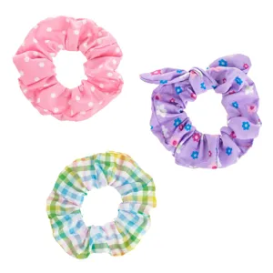 Set 3 Elastice de Par Textile pentru Copii, Roz cu Buline, Lila Floral si Alb cu Carouri