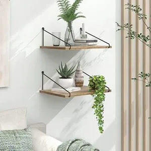 Raft suspendat decorativ din MDF cu suport metalic, 40x15x20cm, set de 2 bucati, culoare naturala