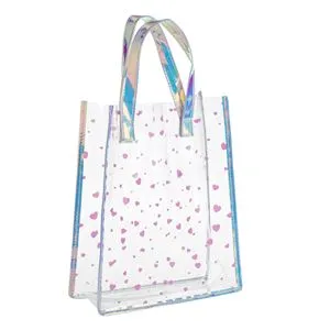 Geantă de umăr transparentă cu inimioare roz holografice pentru fete, 25x10x30cm
