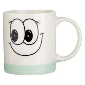 Cana din Ceramica, 315ml, Alba cu Roz si Verde Menta, Model Fata Zambitoare