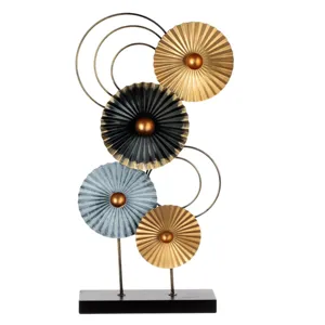 Decorațiune Metalică Evantai Cercuri Negre Albe Aurii 26x54cm