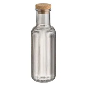 Sticlă de apă din sticlă, 1L, Transparentă fumurie, cu dungi verticale și capac de plută