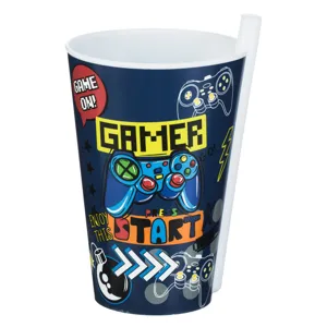 Pahar plastic gamer cu pai incorporat, 400 ml, albastru
