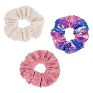 Elastice de par pentru copii, Set 3 buc, Roz si Ecru, Catifelate cu Model Unicorn