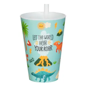 Pahar din Plastic cu Pai Incorporat, Verde Menta, 400 ml, Model Dinozauri