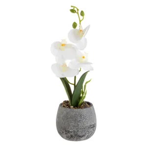 Ghiveci decorativ ceramic gri cu floare artificiala orhidee albă Ø10x30cm