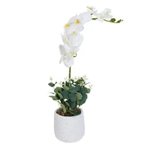 Ghiveci decorativ ceramic alb cu orhidee artificiala alba, Ø13x54cm