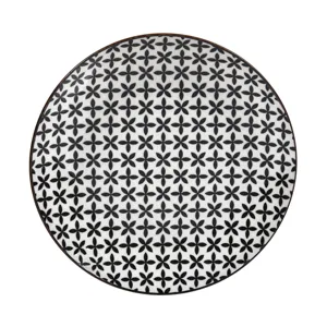 Farfurie Întinsă din Portelan cu Model de Flori Alb/Negru, 19cm
