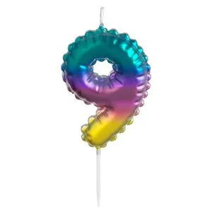 Lumânare aniversară numărul 9, efect ombre metalizat, multicoloră, cu scobitoare
