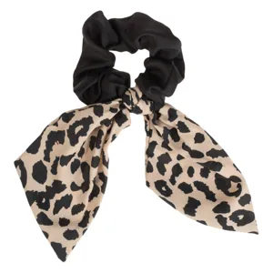 Elastic de par cu panglici satinate, Model leopard, Bej si negru