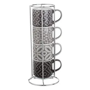 Set 4 Cesti Cafea New Bone Gri cu Suport Metalic, 100ml