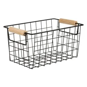 Coș de depozitare metalic cu mânere din lemn, 24.5x15.5x13 cm, negru