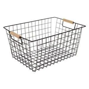 Coș de depozitare din sârmă cu mânere din lemn, 39.5x26x19 cm, Negru