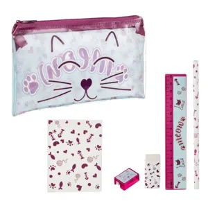 Set Școlar cu Penar Transparent Model Pisică, 6 Piese, Mov