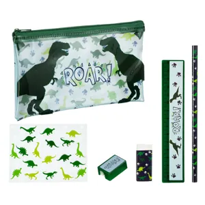 Set Școlar cu Penar Model Dinozaur, 6 bucăți, Verde, Plastic