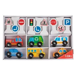 Set 15 piese Vehicule din Lemn cu Roti si Indicatoare Rutiere, Multicolor