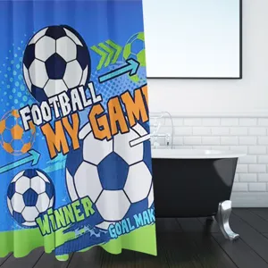 Perdea de dus cu model fotbal, 180x180 cm, albastra, din PEVA, cu 12 inele