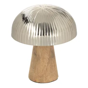 Ciupercă decorativă de masă din lemn argintie și picior maro pentru un decor uni