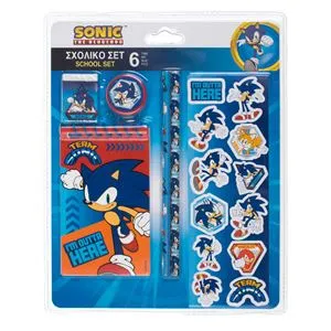 Set Școlar cu Carnetel, Creioane, Radieră, Ascuțitoare și Autocolante Sonic - 6 bucăți