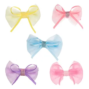 Set 5 Clame de Păr 3D cu Fundițe Satinate și Accente Glitter, 6.5 cm, Multicolore