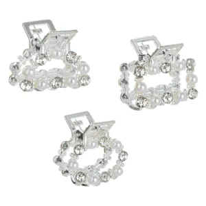 Set 3 Clame de Păr cu Margele Albe și Strass, Argintiu, 2.5 cm