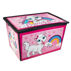 Cutie depozitare jucarii cu capac si roti, 50L, Roz, Pisica