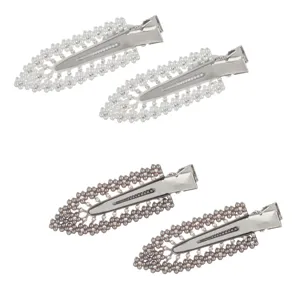 Set 4 Clame de Păr cu Mărgele și Strass, Alb/Gri, 6 cm