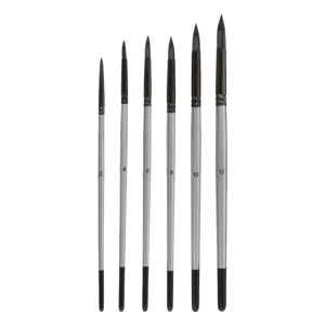 Set Pensule Pictura cu Maner din Lemn, Varf Rotund, 6 Bucati, Argintiu-Negru