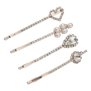 Set 4 Agrafe de Păr cu Strass și Mărgele, Roz Auriu, 6.5 cm
