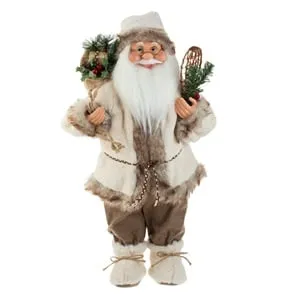 Figurina Decorativă Crăciun cu Schiuri și Blană Ecru Maro 63cm