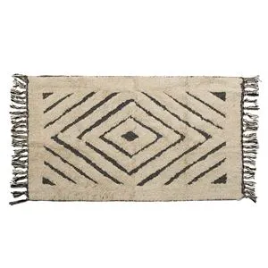 Covoras Decorativ de Iarna din Bumbac Bej cu Model Diamant si Franjuri, 90x60 cm