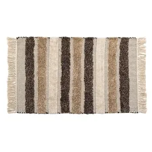 Covoras Decorativ de Iarna din Bumbac, Bej cu Maro, Dungi si Franjuri, 100x70 cm