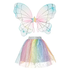 Set Deghizare Tutu Curcubeu și Aripi cu Stele Argintii Glitter