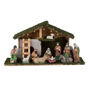Iesle decorativă de Crăciun cu 11 figurine și 5 becuri LED, 47x17x25 cm, Multicolor