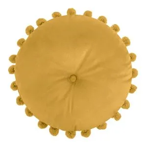 Pernă decorativă rotundă, Velvet, Galben Mustar, cu Nasture și Pompon, Ø40cm