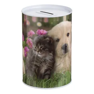 Pusculiță metalică cu model pisică și câine, Ø10x15cm, multicoloră