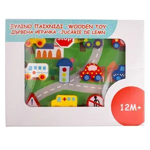 Jucarie din Lemn Autostrada 3D cu 12 Figurine, 22x29cm, Multicolor