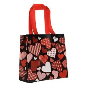 Sacosa din PP cu Inimi Rosii, Buline si Dungi, 22x10x21.5cm