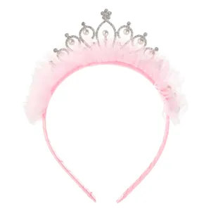 Tiara pentru par cu strass, margele si tul roz, 4.5 cm