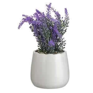 Ghiveci decorativ ceramic alb cu plantă artificială lavandă, Ø11x24cm