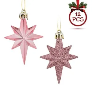 Set Ornamente de Craciun Stele Roz Lucioase cu Glitter 8cm