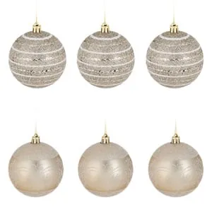 Set Globuri de Craciun Bej cu Glitter Ø10cm - 6 bucăți