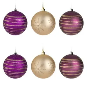 Set Globuri de Craciun Mov cu Glitter Bej Sampanie Ø10cm - 6buc