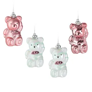 Set Ornamente Brad Crăciun Ursuleți Roz Alb Irizant 7.5cm