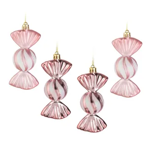 Set Ornamente Brad Crăciun Bomboane Roz Lucioase Mate Dungi Albe 12cm