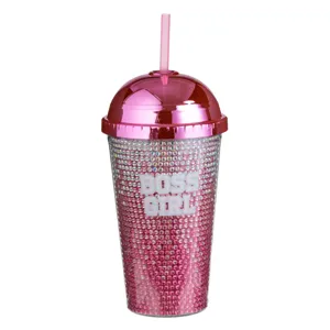 Pahar din Plastic cu Perete Dublu, Capac si Pai, 475ml, Fucsia