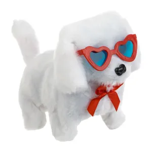 Câine interactiv din pluș, Alb, cu fundiță roșie și ochelari, 15 cm