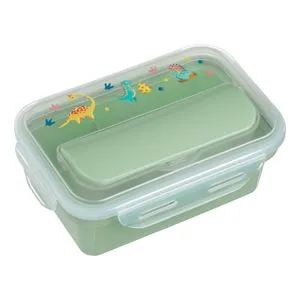 Caserola alimentara cu 2 compartimente si tacamuri, 650 ml, verde menta, cu imprimeu dinozaur