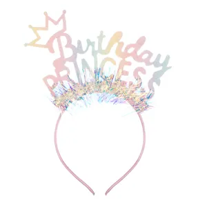 Bentiță de Petrecere Roz cu Tiara și Beteală Holografică Birthday Princess pentr