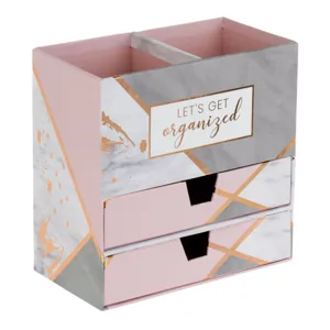 Organizator de birou din carton cu 2 sertare si 2 suporturi pentru pixuri, Gri cu roz, 17x9x17cm